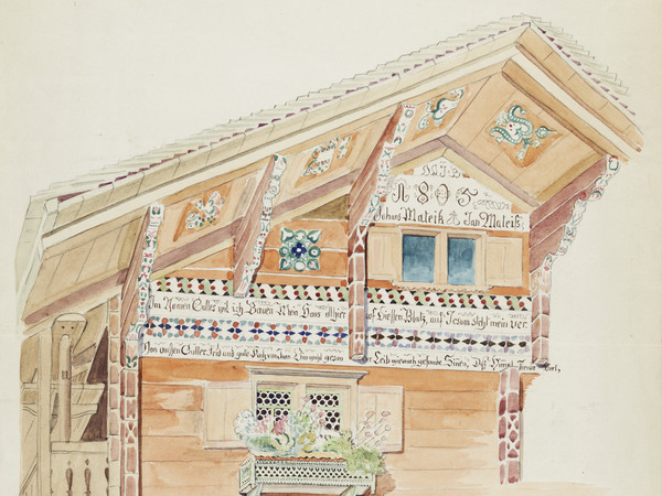 Casa colonica, vista parziale della facciata con iscrizione della casa e intradosso del tetto
