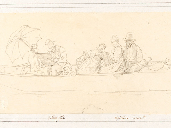Disegno a matita di una barca in cui siedono uomini e donne che disegnano