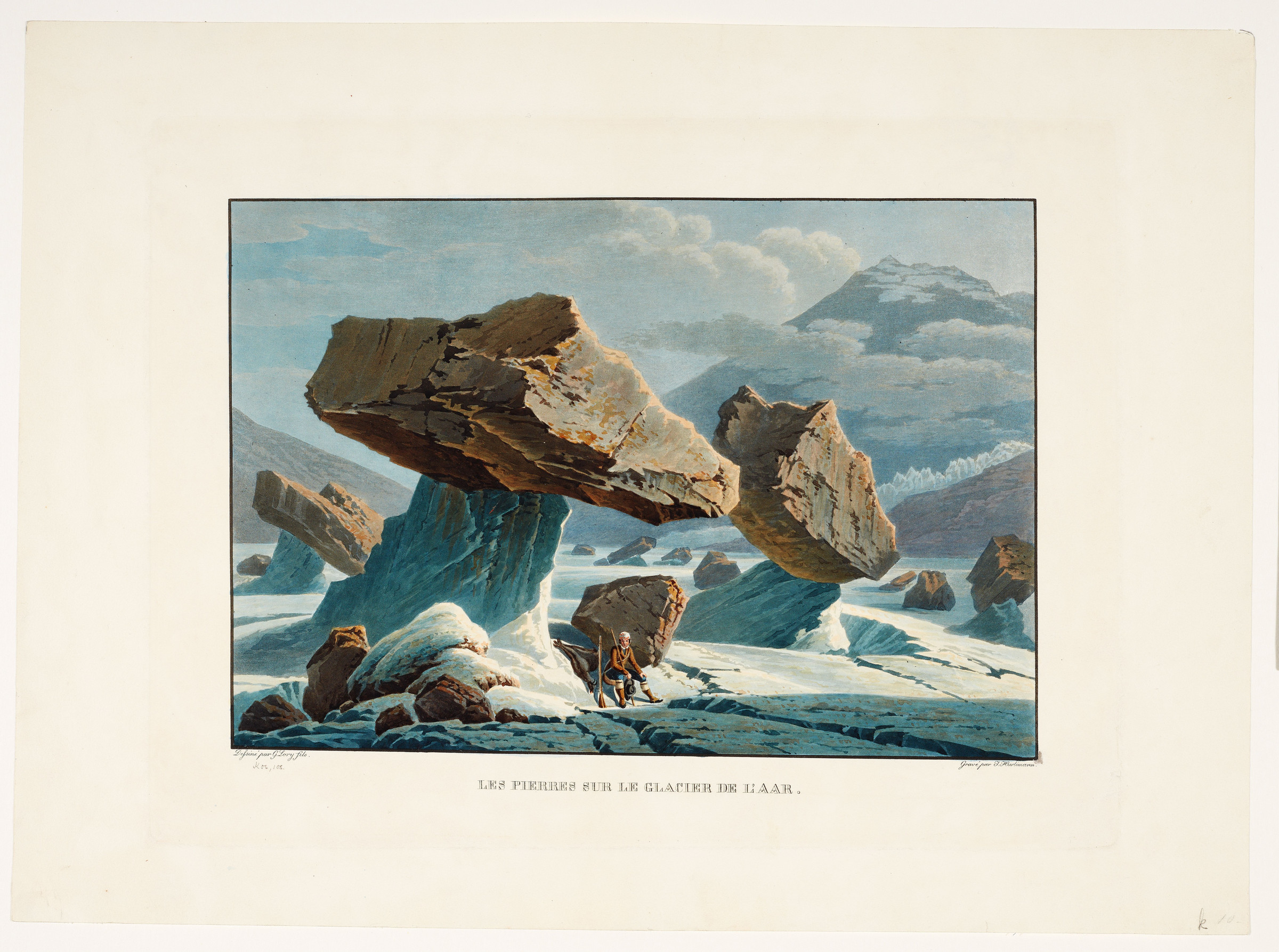 Table glaciaire sur le glacier de l’Unteraar; au premier plan un chasseur assis