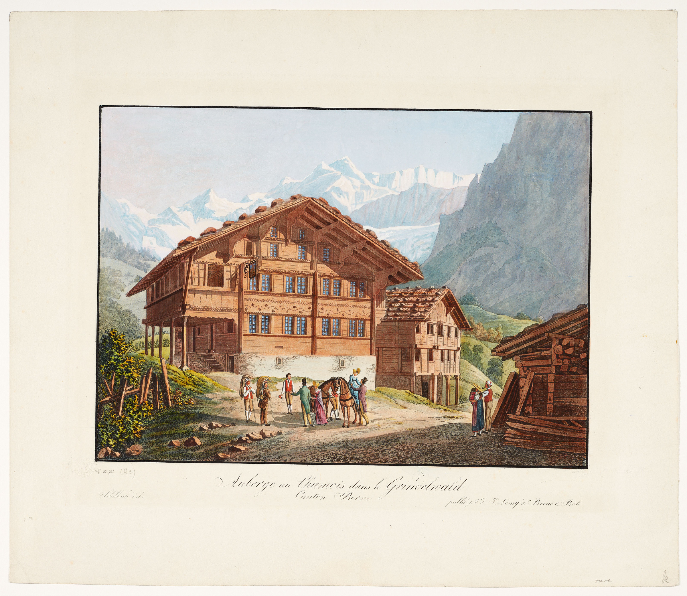 Locanda a Grindelwald; in primo piano un gruppo di viaggiatori, sullo sfondo montagne