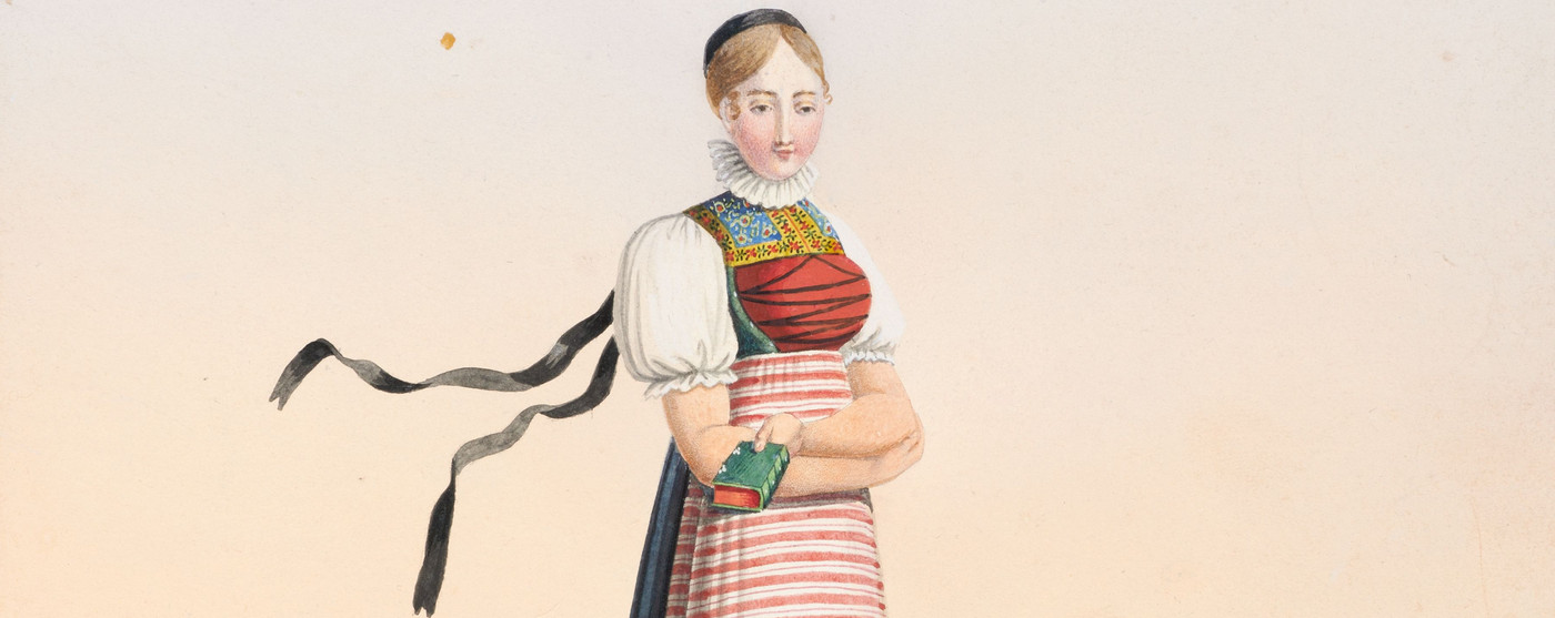 Ritratto femminile a figura intera in costume tradizionale da Zurigo