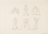 Six couples de lutteurs de l’Oberland bernois, représentés dans six postures différentes