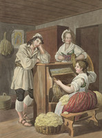 Un uomo e due donne in costume tradizionale del Cantone di Svitto impegnati nella produzione della seta