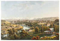 Veduta generale di Berna da nord. Aare; Alpi; contadini; mandria; stalla