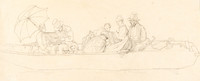 Disegno a matita di una barca in cui siedono uomini e donne che disegnano