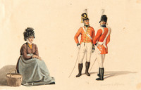 Deux personnages masculins en uniformes militaires britanniques et un personnage féminin en costume traditionnel britannique