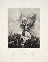 Représentation de l'Helvetia en guerrière défendant la liberté de la patrie avec son épée et le drapeau suisse