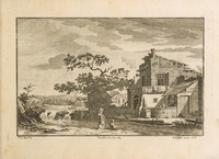 Paesaggio idealizzato in riva a un fiume; sul piano intermedio a destra un edificio, in primo piano una lavandaia