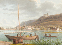 Veduta del Reno e di Stein am Rhein da sud-ovest; in primo piano dei battellieri indaffarati su un’imbarcazione