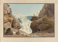 Front du glacier de Rosenlaui, à l’arrière-plan le Wetterhorn; au premier plan un chasseur