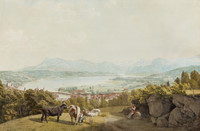 In primo piano un pastore che suona il flauto e una donna che sta mungendo due mucche; sullo sfondo veduta della Città di Lucerna da sud-ovest