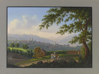 Terres agricole dans les environs de Lausanne; vue de la ville et du Léman à l’arrière-plan