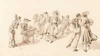 Deux musiciens avec tympanon et contrebasse, et quatre couples de danseurs en costumes.