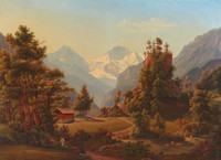 Rovina di Unspunnen; in primo piano un prato alpino, sullo sfondo il massiccio della Jungfrau