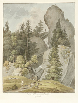 Greggi e pastori davanti a un varco roccioso nei dintorni di Weggis