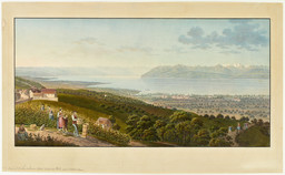 Veduta parziale del lago di Ginevra verso est; in primo piano alcuni viticoltori e un gruppo di turisti