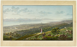 Demi-panorama du Léman vers l’ouest; au premier plan, deux touristes.