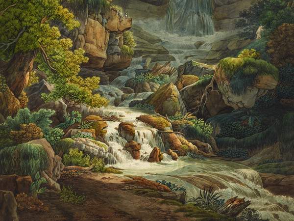 Strömender Bach mit Wasserfall in einem Wald im Frenkental