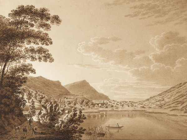 Lauerz, Gesamtansicht von Südosten. Boot; Goldauer Bergsturz; Hirte; Lauerzersee