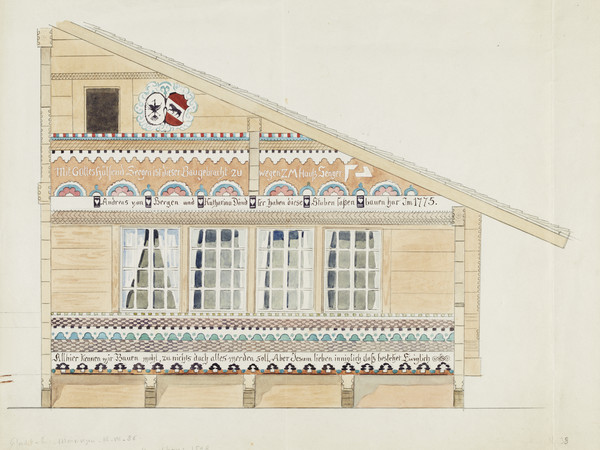 Bauernhaus, Teilansicht der Fassade mit Hausinschrift