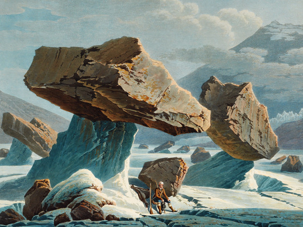 Gletschertisch auf dem Unteraargletscher, im Vordergrund ein sitzender Jäger