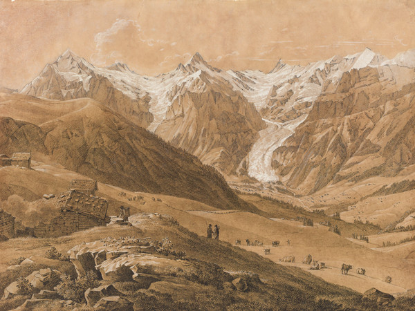 Halbpanoramaansicht des Oberen und Unteren Grindelwaldgletschers von der Holzmattenalp aus gesehen.