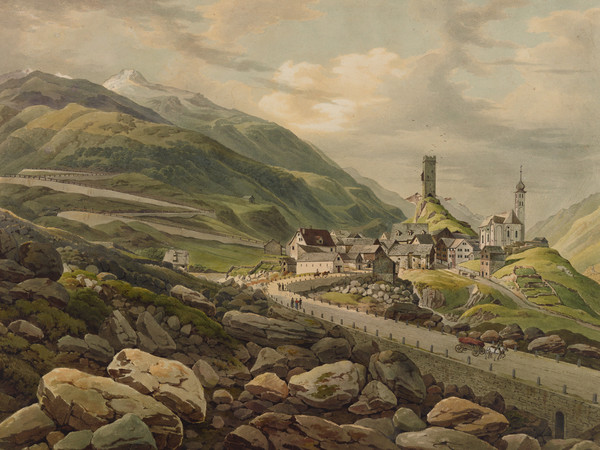 Ansicht des Dorfs Hospental, im Vordergrund die neue Strasse über den Gotthardpass