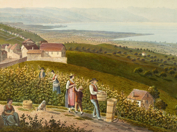 Östliches Halbpanorama des Genfersees, im Vordergrund Weinbauern und eine Touristengruppe