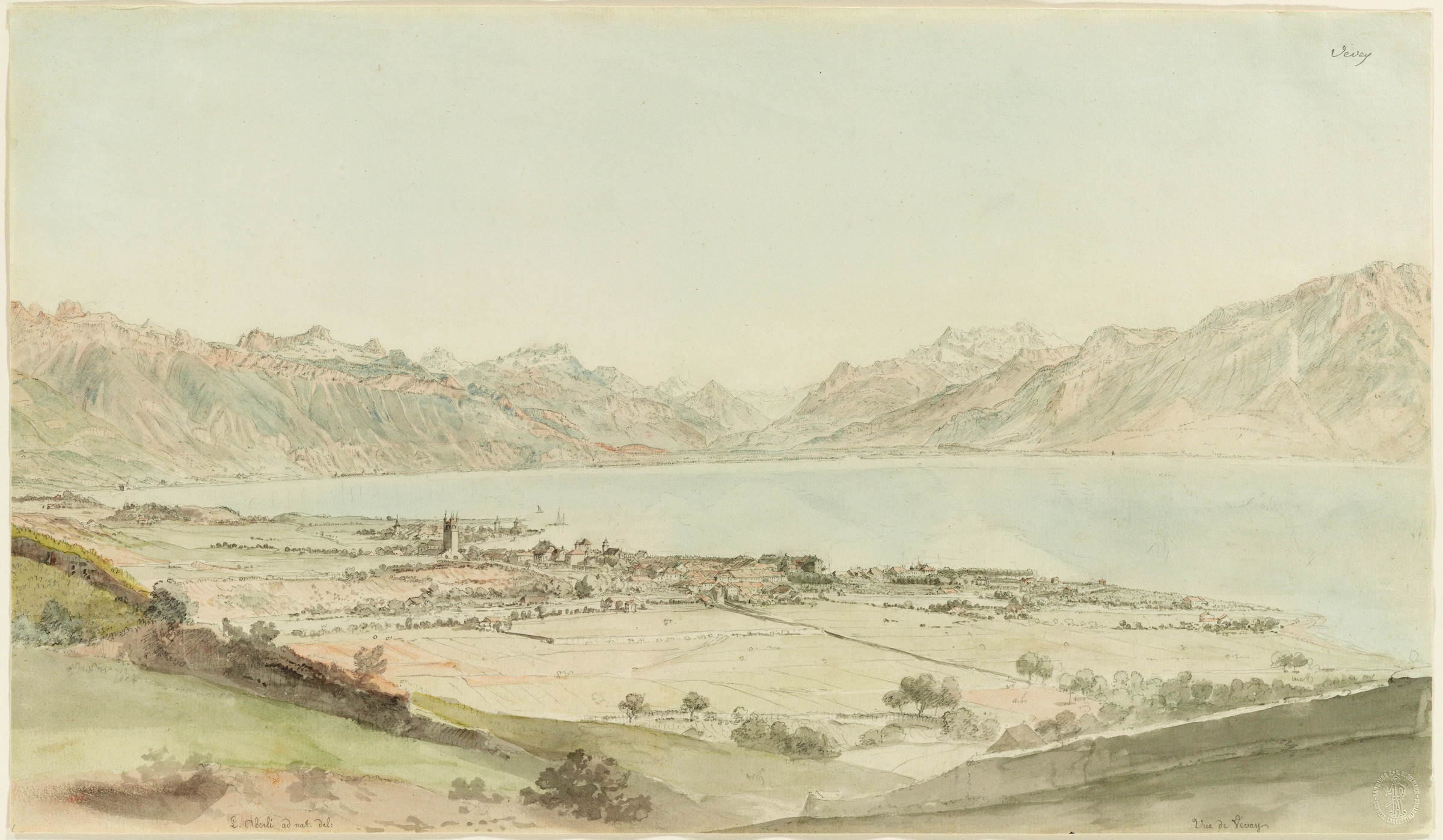 Vevey, Gesamtansicht von Norden mit Genfersee.