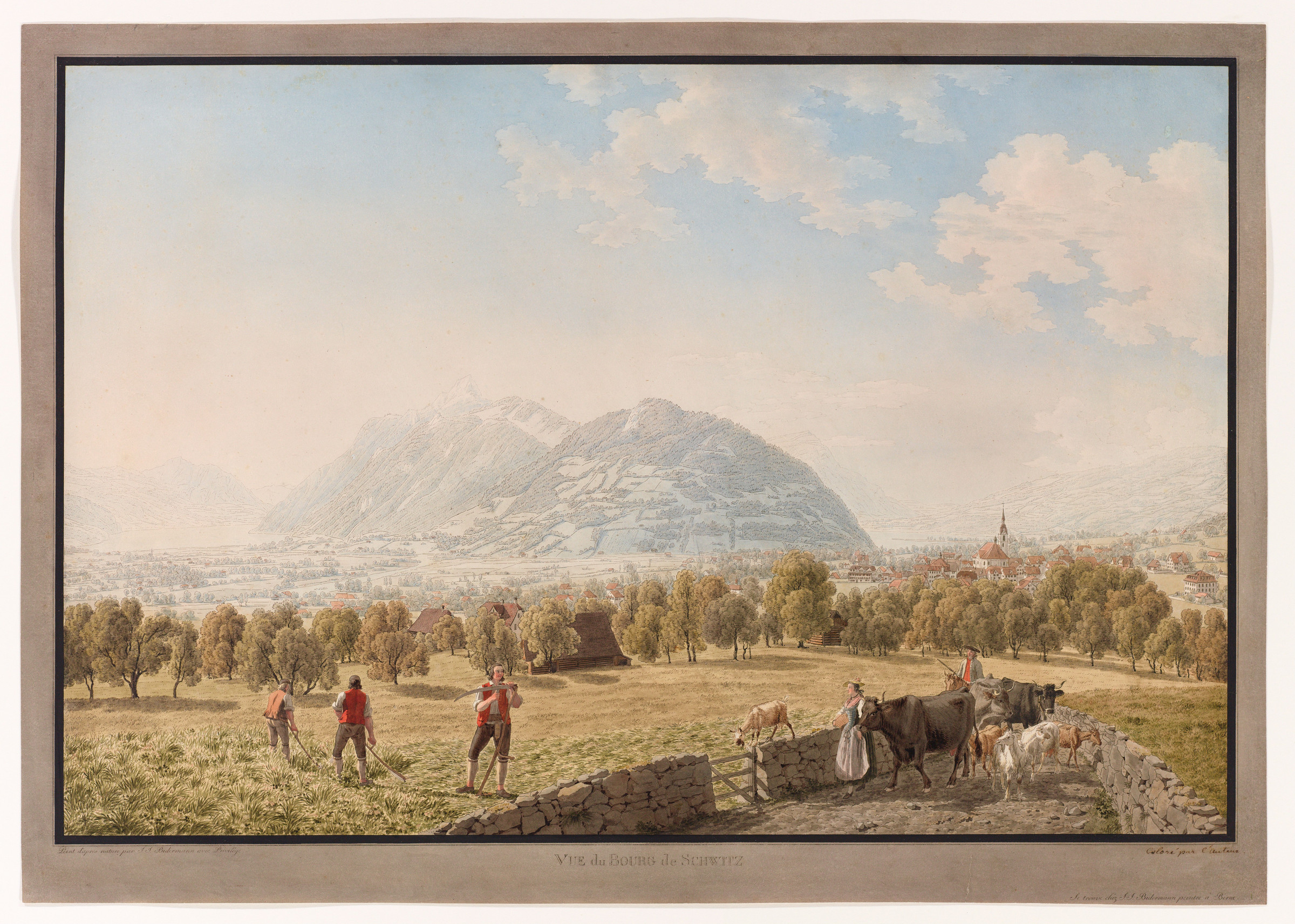 Schwyz, Gesamtansicht von Osten. Im Vordergrund Bauern beim Heuschnitt