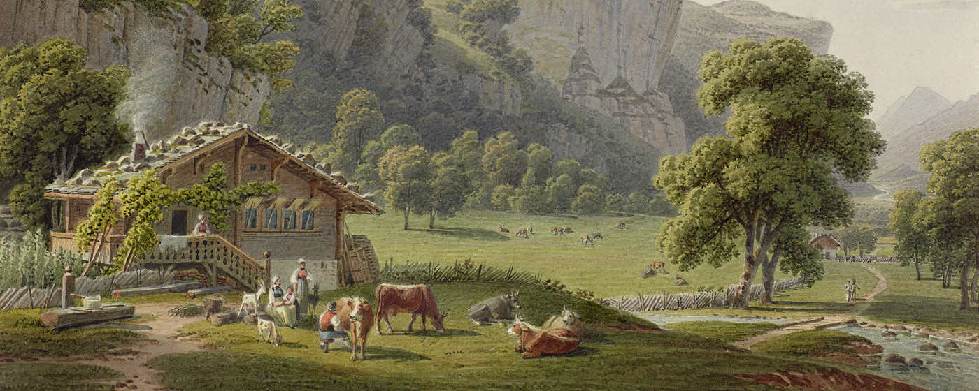 Lauterbrunnen, Teilansicht. Bauernhaus; Garten; Lauterbrunnental; Staubbachfall; Wasserfall
