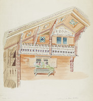 Bauernhaus, Teilansicht der Fassade mit Hausinschrift und Dachuntersicht