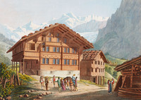 Gasthof in Grindelwald. Im Vordergrund eine Reisegruppe, im Hintergrund Gebirge.