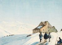Drei Touristen auf der verschneiten Gotthardpassstrasse vor dem Gotthardhospiz