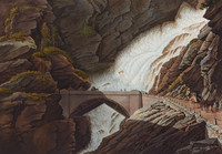Ansicht einer Brücke auf der Simplonstrasse. Im Hintergrund ein Wasserfall