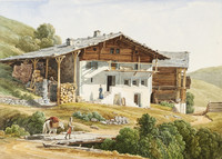 Bauernhaus, Aussenansicht. Bauer; Brücke; Reisender