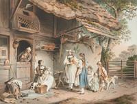 Zwei Maisängerinnen mit einer Bauernfamilie vor einem Bauernhaus