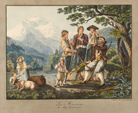Gruppe von drei Alphornbläsern mit ihrem Lehrer, im Hintergrund die Jungfrau