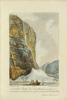 Staubbachfall im Lauterbrunnental. Im Vordergrund der Künstler auf einem Felsvorsprung