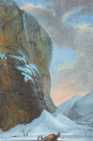 Staubbachfall im Lauterbrunnental. Im Vordergrund der Künstler auf einem Felsvorsprung