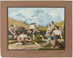 Zwei kämpfende Schwingerpaare auf einer Alpwiese umgeben von Zuschauern, im Hintergrund Eiger, Mönch und Jungfrau