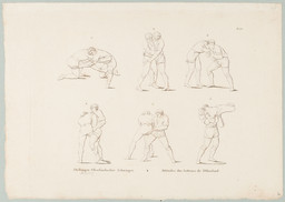 Sechs Berner Oberländer Schwingerpaare, dargestellt in sechs verschiedenen Stellungen