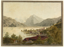 Weesen, Gesamtansicht von Nordosten. Boot; Glärnisch; Kirche; Kloster; Rautispitz; Walensee