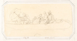 Bleistiftzeichnung eines Boots, darin Männer und Frauen beim Zeichnen