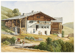 Bauernhaus, Aussenansicht. Bauer; Brücke; Reisender