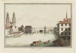 Zürich, beide Limmatufer, flussaufwärts mit Blick auf das Grossmünster, den See und die Alpen