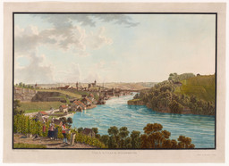 Blick von Westen auf Schaffhausen und den Rhein. Im Vordergrund eine Szene aus der Weinlese