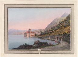 Schloss Chillon am Ufer des Genfersees. Im Vordergrund eine Szene aus Jean-Jacques Rousseaus Roman Julie ou la Nouvelle Héloïse.