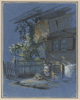 Bauernhaus, Aussenansicht. Garten; Nacht